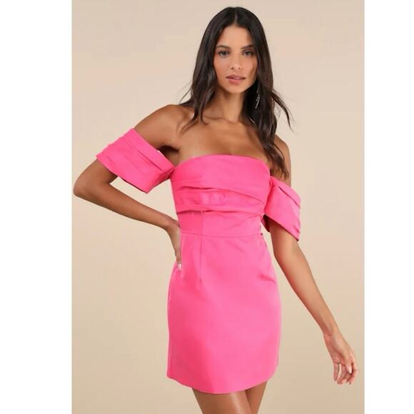 Lulu's Dresses & Skirts - Lulus Totally Haute Hot Pink Satin Pleated Off-the-Shoulder Mini Dress Size S